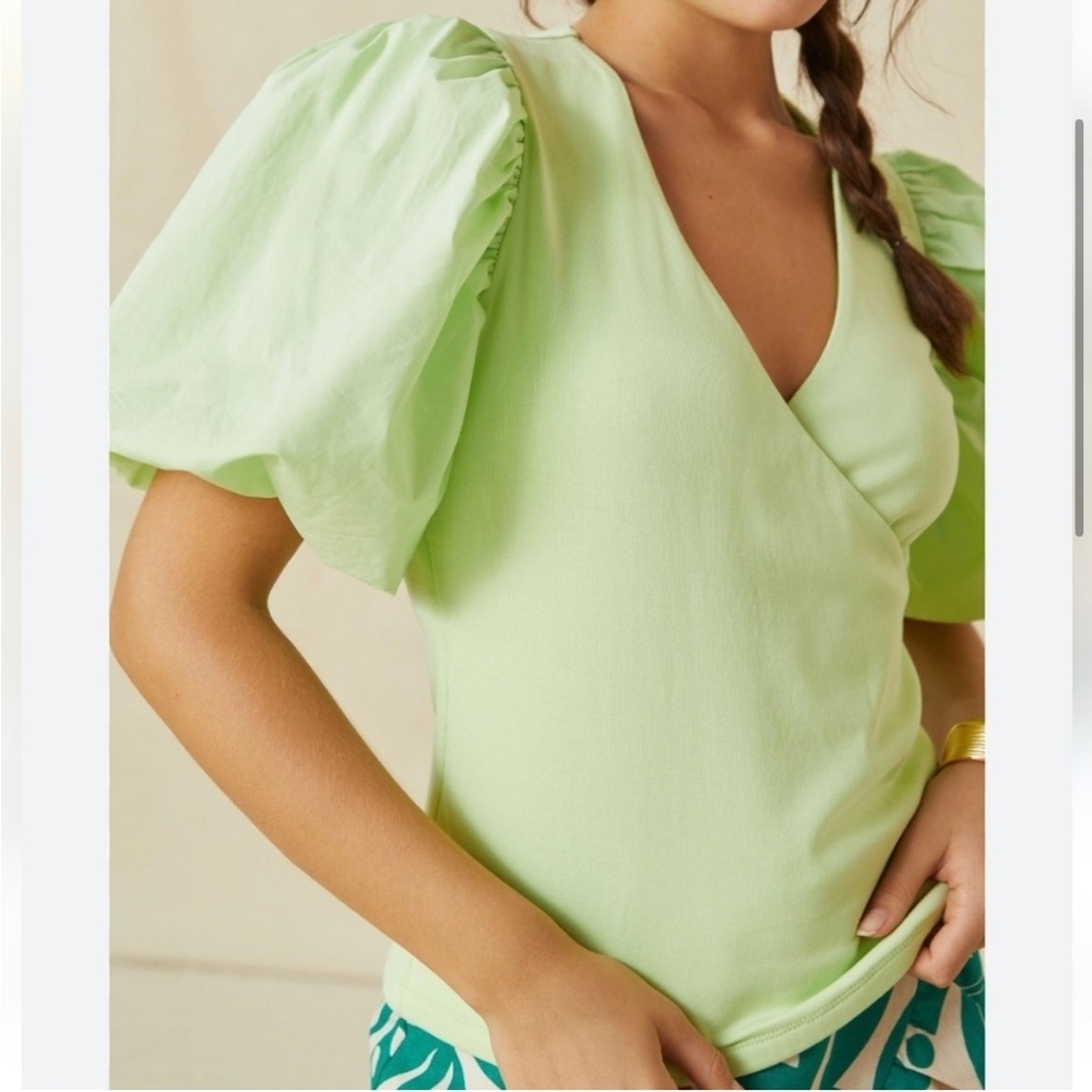 Anthropologie, New, Maeve Lime Green Puff Sleeve Cotton Wrap Top, Size Large